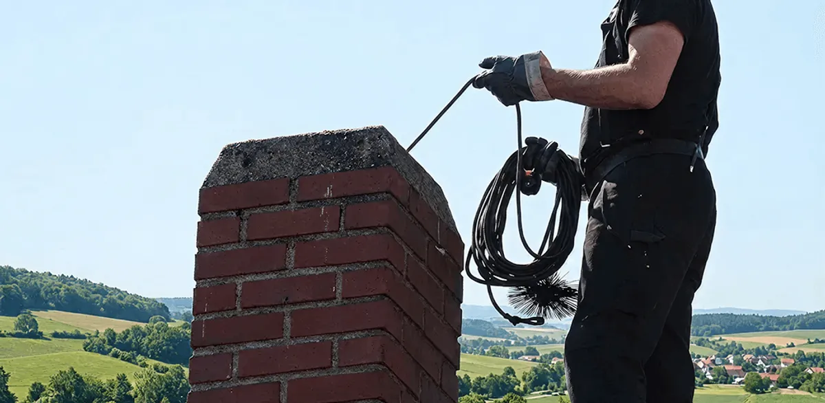 Chimney sweep inspecting and cleaning a rooftop chimney in Los Angeles, CA