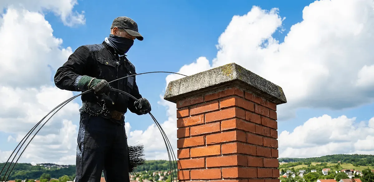 Chimney sweep cleaning a brick chimney with professional tools in Los Angeles, CA